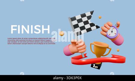 3d run race. Rally banner. Checkered flag in hand. Finish goal on track. Render man arm with stopwatch. Competition record. Arrival to start time. Winner award goblet. Speed racing. Vector background Stock Vector