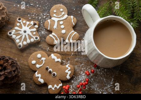 Cozy Christmas Flat Lay with Gingerbread Cookies and Coffee Stock Photo