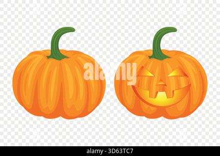 Vector Halloween Pumpkin Set with Carved Faces. Cute Cartoon Pumpkins Set. Colorful Halloween Stickers for Autumn Harvest, Fall Decoration Stock Vector