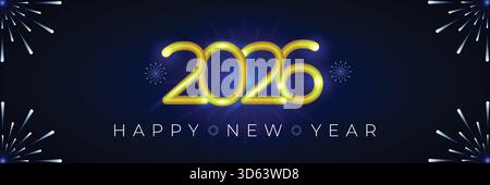 Happy New Year 2026 gold 3D text on dark blue background with white fireworks, vector holiday celebration banner Stock Vector