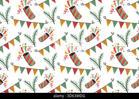 Festive seamless pattern with firecrackers and garlands. Hand-drawn illustration. New Year decor for banners, wallpaper, cards, and packaging. Stock Vector