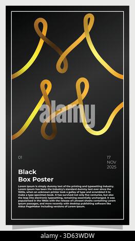 Abstract gold fluid lines on black poster template, vector modern vertical luxury flyer design with typography layout Stock Vector