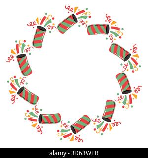 Festive round frame with colorful firecrackers. Hand-drawn. Useful for banners, cards, and packaging. Stock Vector