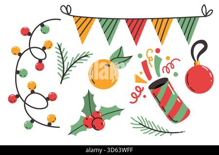 Collection of Christmas decorations. Festive garland. Christmas lighting. Colorful hand-painted decorations. New Year decor for banners, wallpaper, ca Stock Vector