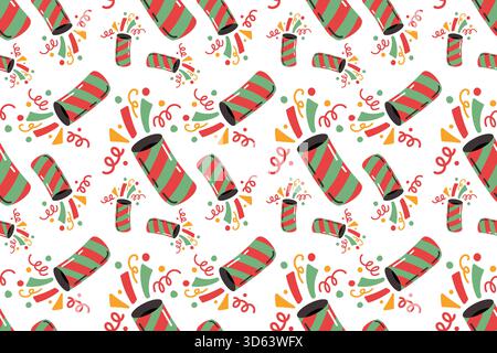 Festive seamless pattern with colorful firecrackers. Hand-drawn. New Year's decoration for banners, wallpaper, cards, and packaging. Stock Vector