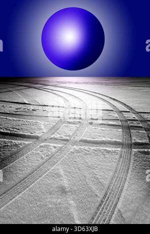 Floating blue orb with curved tire tracks in snow winter, USA Stock Photo