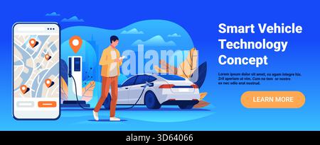 Smart vehicle technology concept electric car charging man using smartphone cityscape map navigation mobile interface blue background landing page Stock Vector