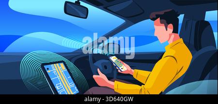 Autonomous car self driving technology man using smartphone digital dashboard navigation blue abstract background modern transportation concept Stock Vector