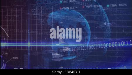 Rotating blue 3D point-cloud globe hovering over data dashboard with binary streams and HUD Stock Photo