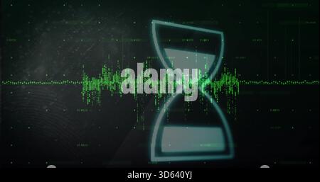 Displaying glowing hourglass outline overlaying neon-green waveform on HUD, with numeric readouts Stock Photo