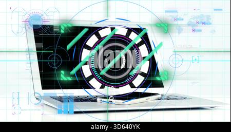 Displaying slim silver laptop projecting circular HUD overlay on white tabletop, with smartphone Stock Photo