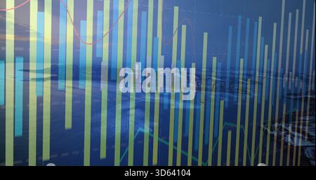 Displaying translucent vertical bar chart overlaying aerial coast, with grid and line graphs Stock Photo