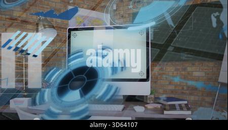 Displaying desktop monitor projecting blue AR HUD overlays in home office, with keyboard and lamp Stock Photo