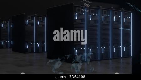 Glowing server racks showing vertical LEDs and status LEDs in data center, holographic map overlay Stock Photo