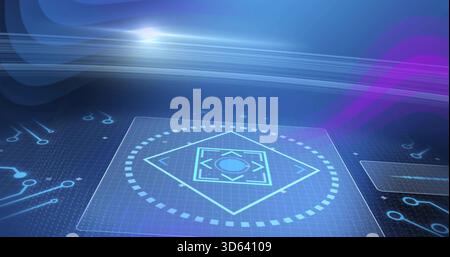 Displaying clear holo panel floating on grid plane, showing diamond target, dotted circular dial Stock Photo
