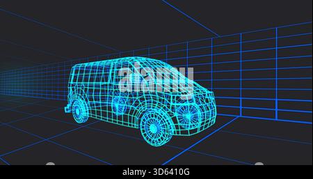 Displaying cyan wireframe van model rotating in 3D studio, with floor grid and vanishing point Stock Photo