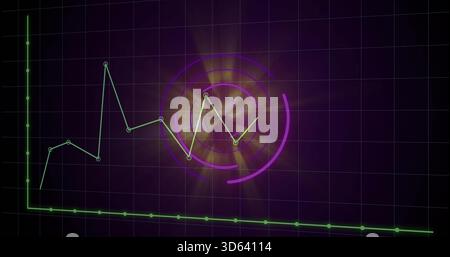 Displaying neon data visual pulsing on dark purple grid, with green line nodes, trend, axes, HUD Stock Photo