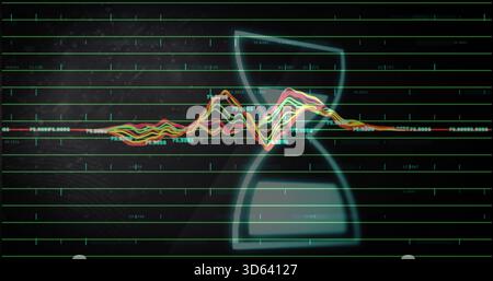 Displaying central colorful waveform and glowing hourglass over dark UI, with gridlines and labels Stock Photo
