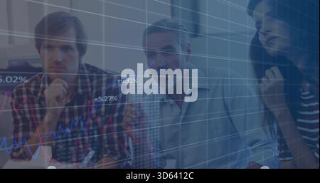 Analyzing three coworkers studying market data at meeting table in checked shirt with chart overlay Stock Photo