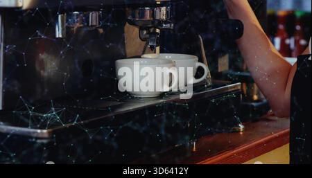 Operating espresso machine at cafe bar, arm in black shirt pulling shot into cups, digital overlay Stock Photo