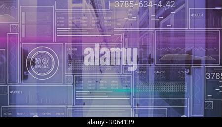 Displaying central translucent HUD interface sweeping through modern corridor, showing line charts Stock Photo