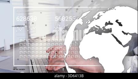 Typing hands wearing light shirt cuff pressing laptop keys at desk, showing globe HUD and readouts Stock Photo