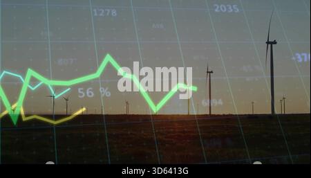 Displaying wind turbines merging with green-yellow line graph on plain at sunset, showing 56% Stock Photo