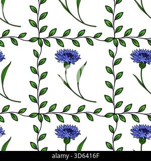 Seamless vector pattern of delicate blue cornflowers and green leafy branches on a white background. Stock Vector