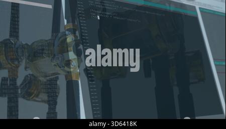 Displaying monitor showing code editor with 3D CAD model overlaying at desk, ruler, bezel glare Stock Photo