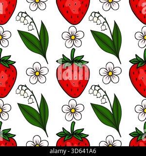 Seamless vector pattern featuring vibrant red strawberries and delicate white lily of the valley flowers with green leaves on a clean white background Stock Vector