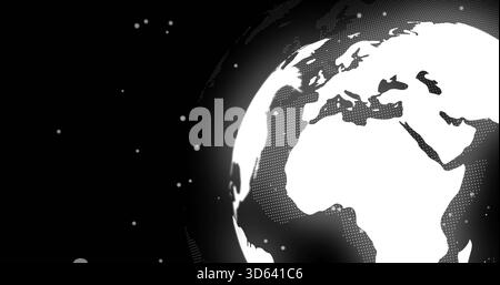Displaying stylized globe showing Africa Europe Mideast on right, with halftone dots, halo, stars Stock Photo