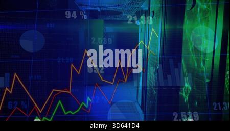 Displaying finance dashboard centered in server room, with server racks, green LEDs, neon charts Stock Photo