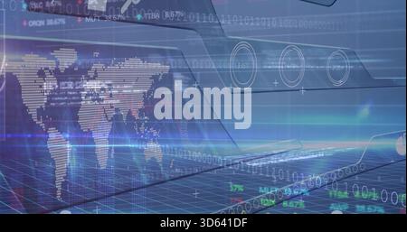 Projecting holographic dotted world map and binary code over laptop keyboard, showing data overlays Stock Photo