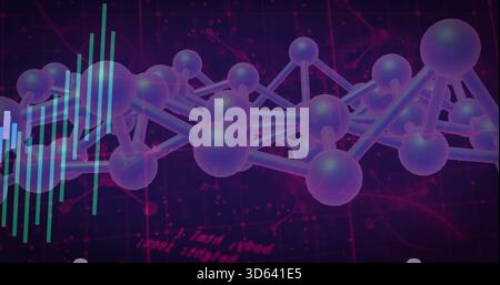 Displaying centered molecular network spanning magenta grid with purple nodes, rods, left cyan bars Stock Photo