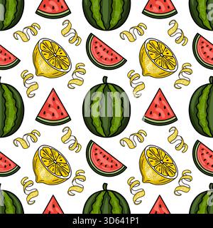 Seamless vector pattern featuring vibrant, hand-drawn style watermelon slices, whole watermelons, and lemon halves with curly peels on a clean white b Stock Vector