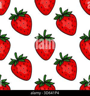 Seamless vector pattern of vibrant red strawberries with green leaves and black seeds, rendered in a bold, illustrative style on a clean white backgro Stock Vector