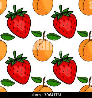 Seamless vector pattern of vibrant red strawberries and juicy orange apricots with green leaves on a white background. Stock Vector