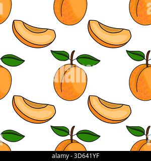 Seamless vector pattern featuring stylized whole and sliced ripe apricots with green leaves on a white background. Stock Vector