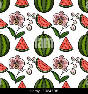 Seamless vector pattern featuring vibrant watermelon slices and delicate pink orchids with green leaves on a clean white background. Stock Vector
