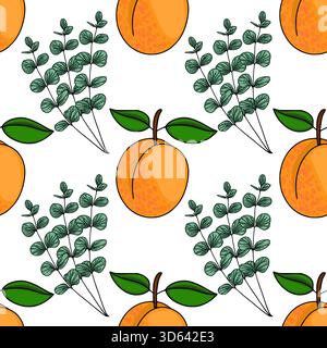 Seamless vector pattern of ripe apricots and eucalyptus branches with green leaves on a white background. Stock Vector