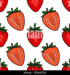 Seamless repeating vector pattern of vibrant red strawberries, both whole and sliced, with green leaves, set against a clean white background, evoking Stock Vector
