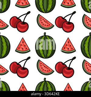 A vibrant, seamless vector pattern featuring a playful arrangement of whole watermelons, watermelon slices, and ripe cherries on a clean white backgro Stock Vector