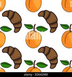 Seamless vector pattern featuring stylized apricots with green leaves and brown croissants on a white background, evoking a breakfast or bakery theme. Stock Vector