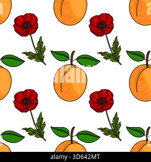 Seamless vector pattern featuring vibrant red poppies and ripe apricots with green leaves on a clean white background, showcasing a charming botanical Stock Vector