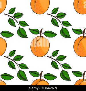 Seamless vector pattern of stylized apricots with green leaves on a white background, showcasing a simple yet vibrant fruit illustration. Stock Vector
