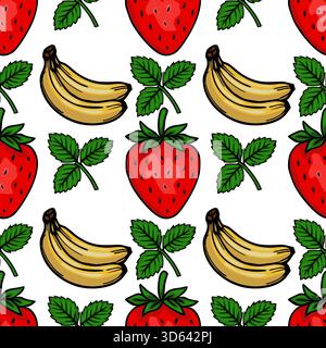 Seamless vector pattern featuring vibrant red strawberries and yellow bananas with green leaves on a clean white background, evoking a fresh and cheer Stock Vector