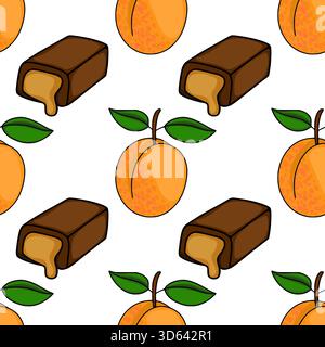 Seamless vector pattern of ripe apricots and chocolate candies with flowing filling. Stock Vector