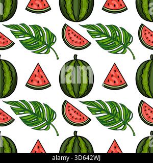 A vibrant, seamless vector pattern featuring stylized whole watermelons and triangular slices, interspersed with lush green monstera leaves on a clean Stock Vector
