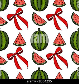 A cheerful vector pattern of whole watermelons, juicy slices, and vibrant red bows on a clean white background, evoking a sense of summer celebration Stock Vector