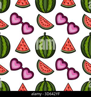 A playful seamless vector pattern featuring bright watermelon slices and heart-shaped sunglasses on a clean white background, evoking a fun summer vib Stock Vector
